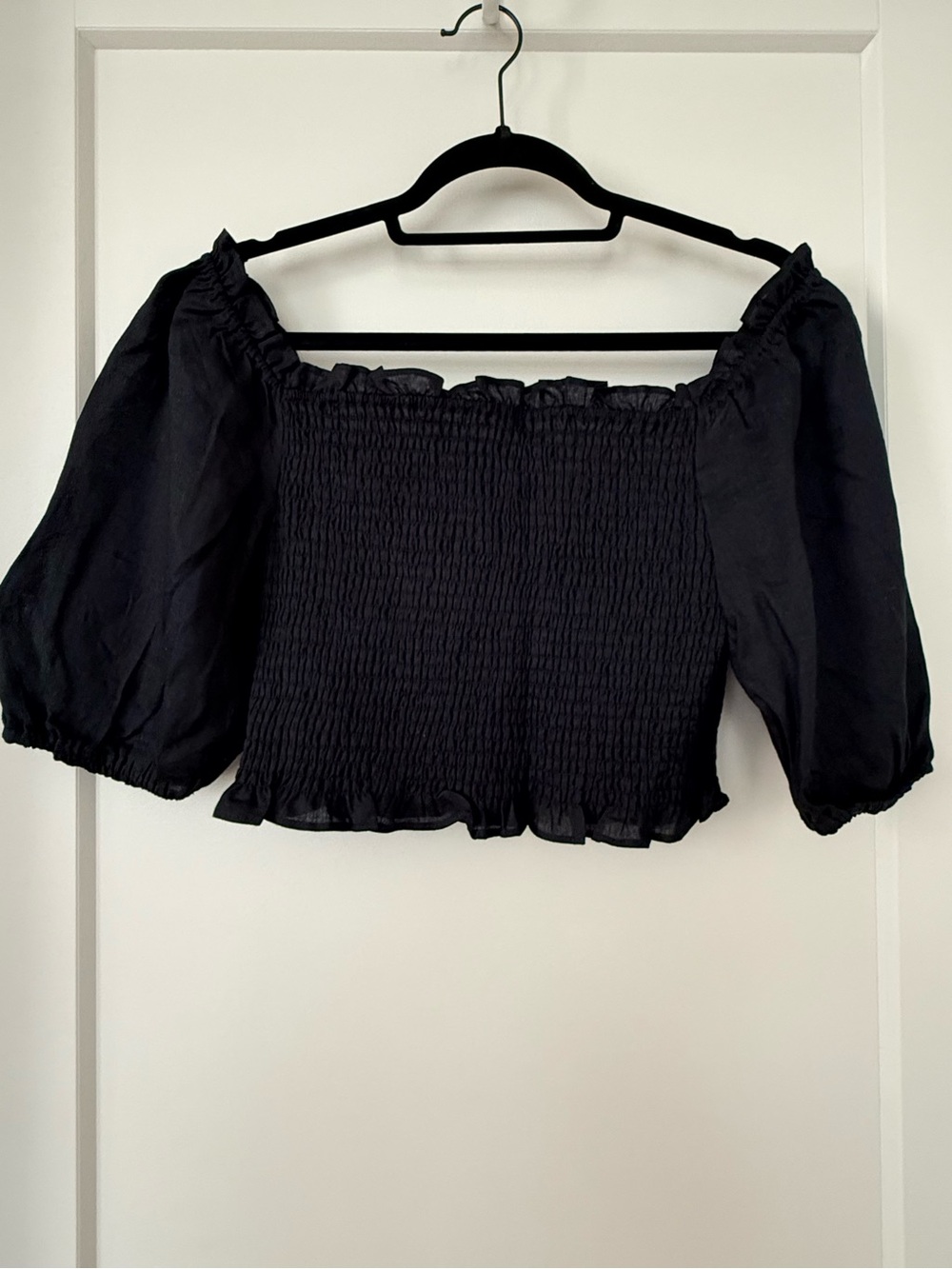 Boden Black Linen Smocked Off-Shoulder Puff Sleeve Crop Top